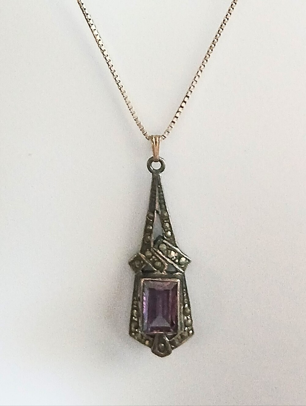 Vintage Art Deco Style Sterling Silver Amethyst Marcasite Pendant Necklace